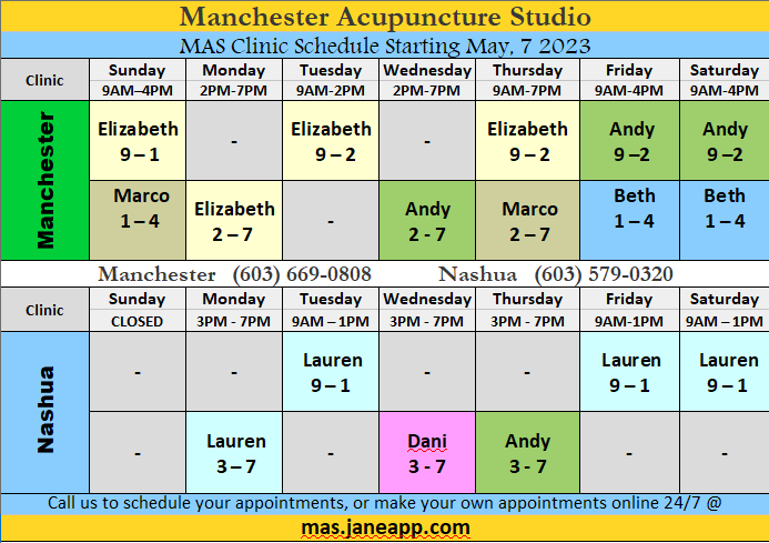 Handout Clinic Schedule Starting May 7th 2023